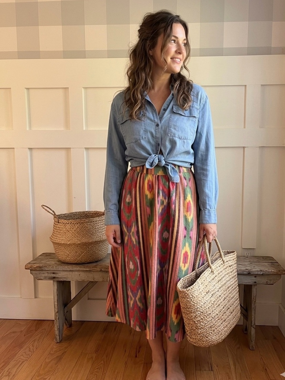 70’s Vintage Cotton Colorful Ikat A-Line Midi Skirt in Multicolor Medium